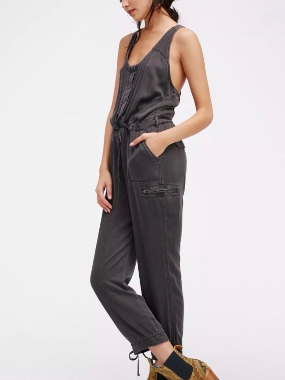 Free People Dark Gray Utility Cargo Jumpsuit Tie Waist Open Back Size 4